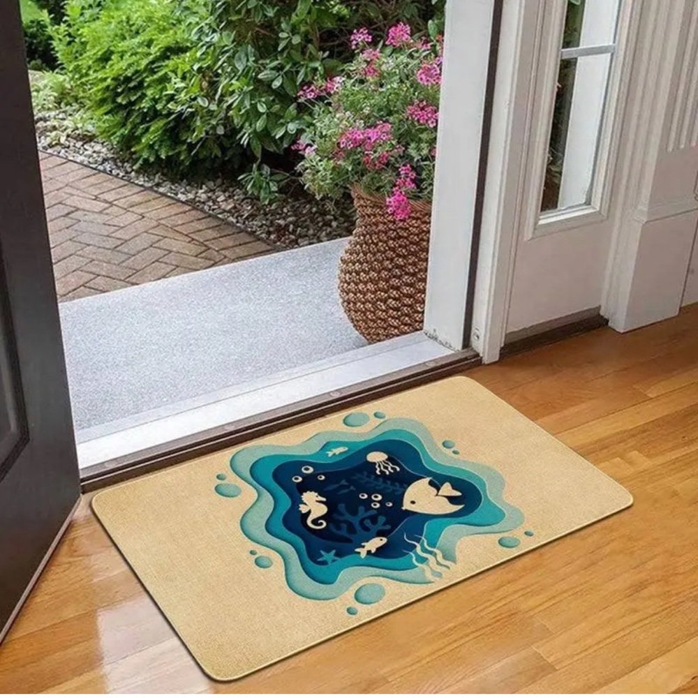 Ocean Navy Blue Indoor Outdoor Mats 17”x 30” Linen Rubber Eco-Friendly nonslip